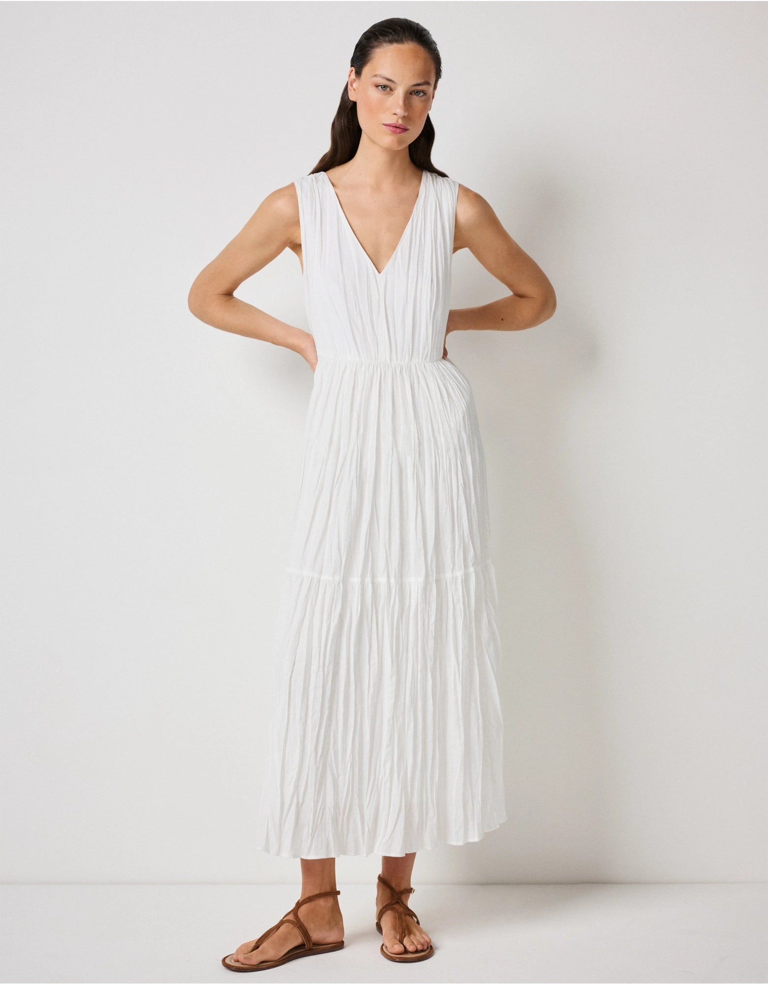 Linen Rich Crinkle Midi Dress - white