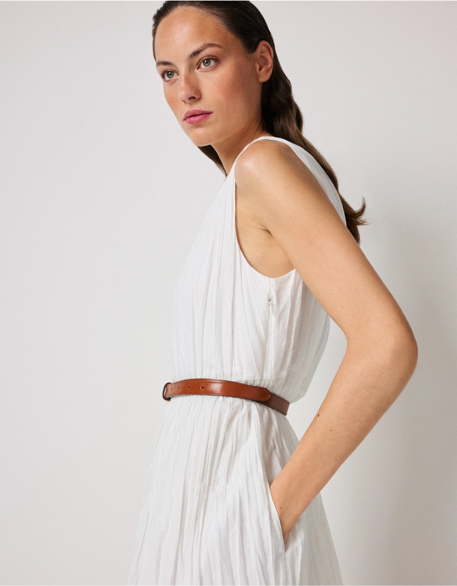 Linen Rich Crinkle Midi Dress - white