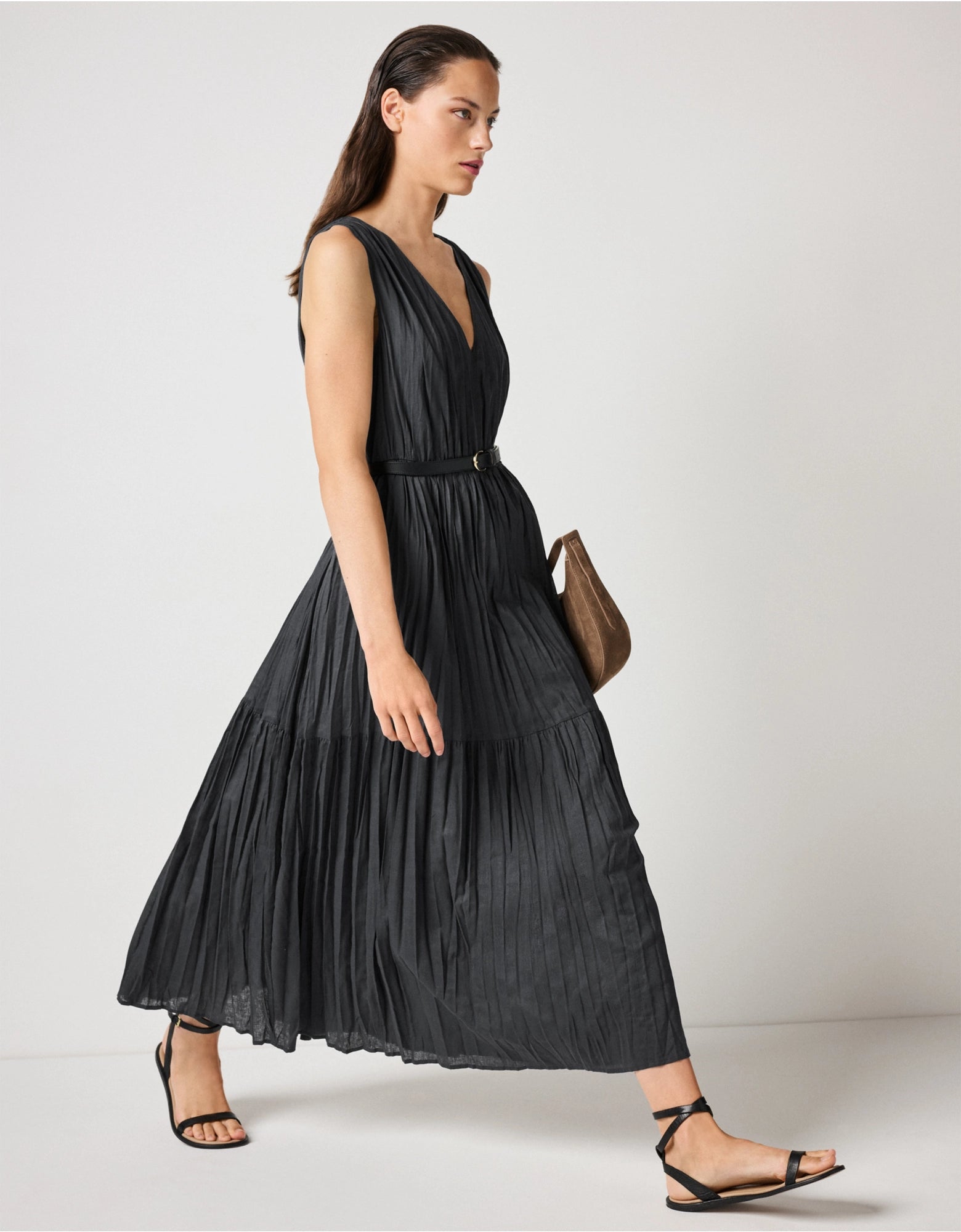 Linen Rich Crinkle Midi Dress - black