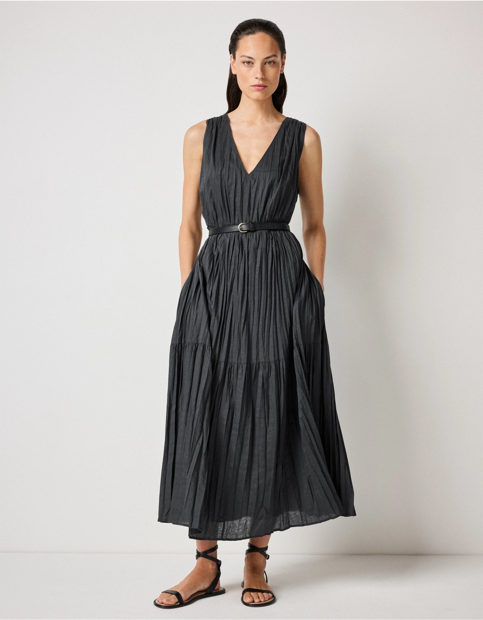 Linen Rich Crinkle Midi Dress - black